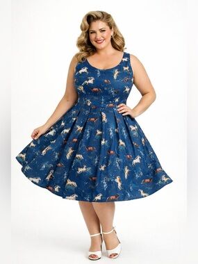 NWT dolly and dotty Amanda Dark Blue Horse Swing Dress size 16 Aop retro pinup